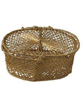 Vintage Woven Basket Lidded Round Trinket Box Natural Fiber Boho Storage 5"